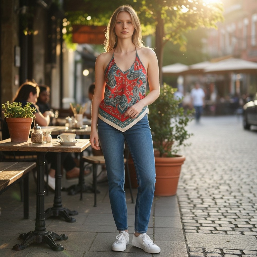 Womens Red Paisley Handkerchief Hem Halter Neck Tank Top Size L Boho